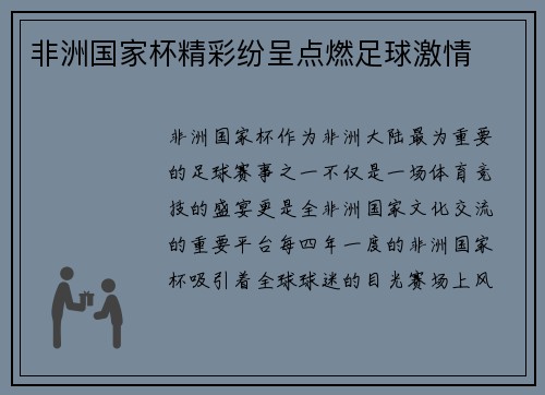 非洲国家杯精彩纷呈点燃足球激情