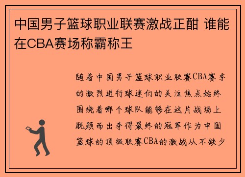 中国男子篮球职业联赛激战正酣 谁能在CBA赛场称霸称王