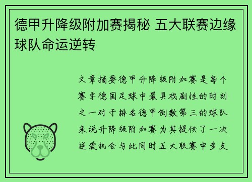 德甲升降级附加赛揭秘 五大联赛边缘球队命运逆转